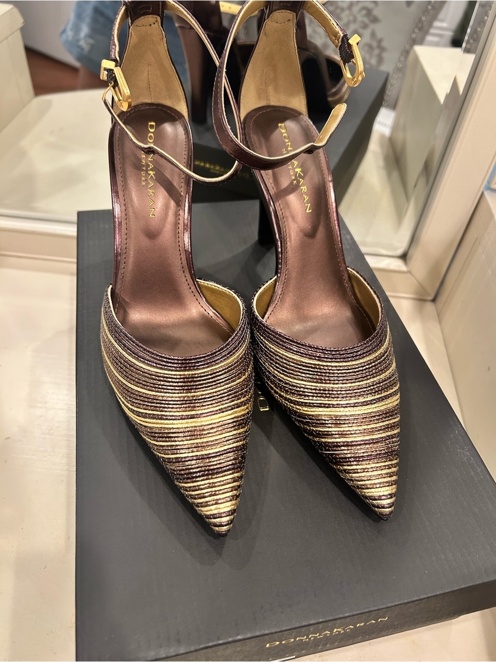 Donna Karan Striped Metallic Gold and Brown Pointed Ankle-Strap Pumps